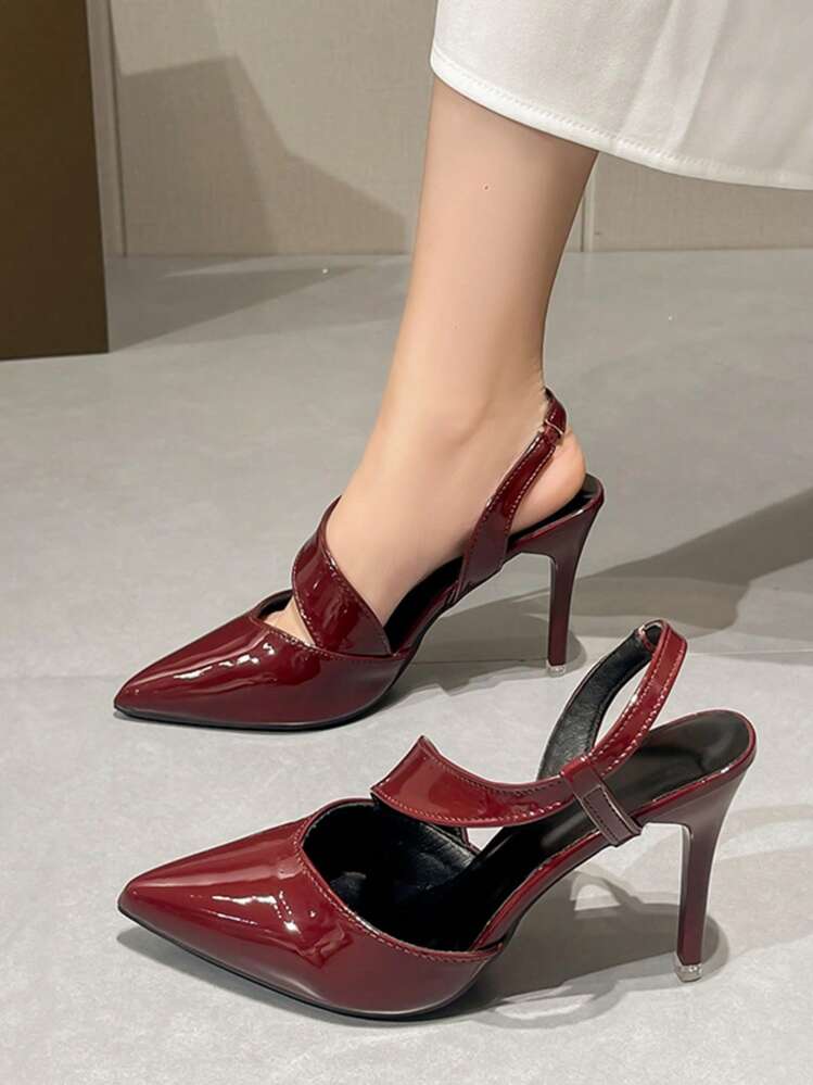 全新夏季法式尖头漆皮中跟凉鞋，复古细跟女式派对鞋 - 酒紅色 - 查看 4
