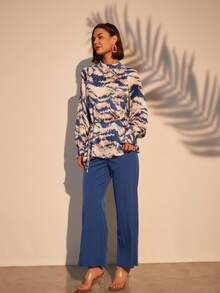 Plisse Top Matching Set Women Floral Print Top & Pants 2 Pieces Sets - Royal Blue - View 10