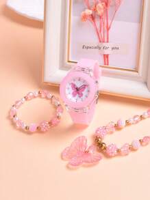 3 件/套 2024 新款卡通蝴蝶硅胶表带手表带双机芯 LED 灯，奢华亚克力蝴蝶手链项链套装，适合女孩