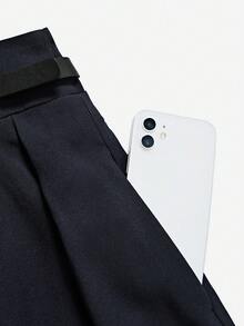 女士休闲百搭纯色高腰褶裥A字裙 春季 - 藏蓝色 - 查看 6