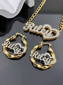 1 Pair Of DIY Custom Double-Layer Welded Name Letter Earrings, Men's And Women's Large Heart-Shaped Earring Pendants, Thick Earrings, Customizable Name Simple Daily Style, Keychain, Products Include Gift Boxes, Valentine's Day Gifts, Birthday Gifts, Mother's Day Gifts, Daily Gifts - Gold - View 10