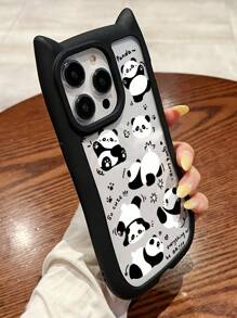 1pc Funny Panda Pattern Black Phone Case, Acrylic Cat Ear Design Lightweight Protective Cover, Compatible With IPhone 16/11/13/15/15 Plus/15 Pro/15 Pro Max/12/14 Pro Max/11 Pro/11 Pro Max/12 Pro/12 Pro Max/13 Pro/13 Pro Max/14 Pro/14 Plus