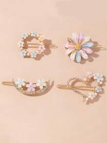 4 件/套女士水晶和珍珠花朵发夹，颜色随机，时尚刘海和侧发夹，适合日常佩戴
