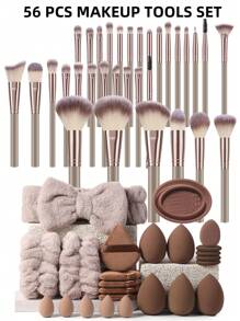 8/24/44/49/54/56PCS Makeup Tools Set Including:24PCS Makeup Brush Set+5PCS Makeup Sponges+5PCS Mini Makeup Sponges+5PCS Triangle Powder Puffs+5PCS Mini Air Cushion Powder Puffs+1pc Makeup Brush Cleaning Tools+1pc Hairband+2PCS Hand Bowl Strap - 彩色 - 查看 13