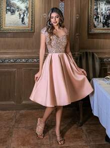 Elisanya Luxury Short Sleeves Sweetheart Neck Connect Satin Evening Dress, Wedding Guest Dress, Party Dress - Champagne - View 7