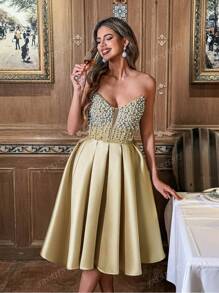 Faeriesty Strapless Beaded Dress With Fitted Bodice & Flared Knee-Length, Spring/Summer Weddings, Galas, Prom, Upscale Dinners, Party Dress, Wedding Guest Cocktail Dress