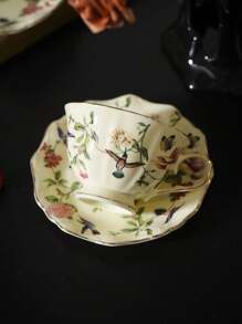 1 套复古镀金陶瓷咖啡杯碟，釉下蝴蝶花卉装饰，办公室早餐牛奶杯，波浪边碟子，家庭下午茶拿铁、果汁饮料杯，送给家人和朋友的礼物 - 彩色 - 查看 13