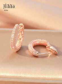 Hihho 1 Cặp bông tai mạ vàng hồng Zirconia trang trí hình chữ U sang trọng của Châu Âu, thích hợp làm trang phục hàng ngày và quà tặng lễ hội cho phụ nữ - Hoa hồng vàng - Xem 3