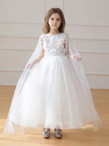 白色长裙花童礼服带面纱，派对正式仪式生日婚礼场合 - 白色 - 查看 7