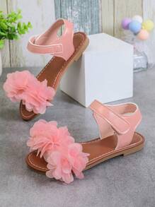 1 Pair Plus Size Toddler Girls' Flat Sandals, Solid Color PU Straps, Mesh Flower Decor, Buckle Closure, Round Toe, Lightweight, Fashionable, Cute Roman Sandals Suitable For 3-15 Years Old Girls For Daily, Casual, Party, Travel, Spring/Summer 2025 - Pink - View 6