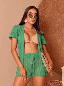 Knitted Beach Cover-Up Set Bathing Suit Women's Fashion - Hijau - View 3