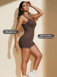 1 Piece Women's One Piece Shapewear With Ribbed Texture, Slimming And Enhancing Jumpsuit Design - Brown - View 5