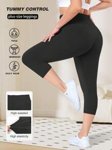 Plus Size Women Sports High Waist 3/4 Leggings, High Elasticity Comfortable Capri Pants - Black - View 1