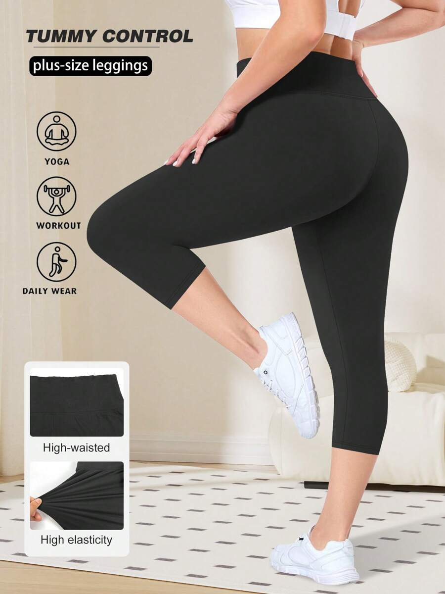 Plus Size Women Sports High Waist 3/4 Leggings, High Elasticity Comfortable Capri Pants - Black - View 1