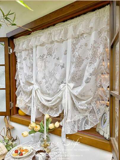 1PC French American White Lace Pull Curtain Roman Lift Curtain Curtain Partition Kitchen Tulle Curtain Short Curtain Half Curtain Door Curtain