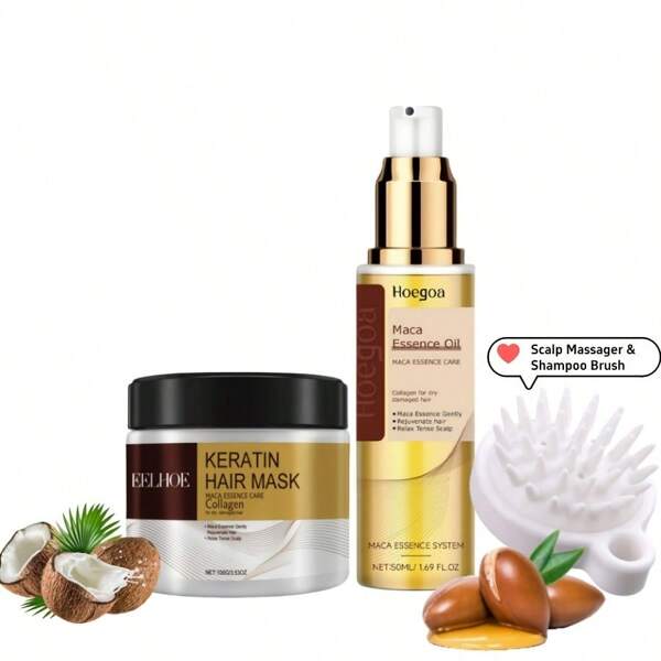 Set de cuidado del cabello para viaje y hogar que incluye: Mascarilla hidratante de colágeno de 100g, Tratamiento capilar de aceite de argán marroquí de 50ml y Cepillo para el lavado del cabello. Repara profundamente, anti-encrespamiento, hidratante, brillo, adecuado para cabello dañado por permanente/tinte
