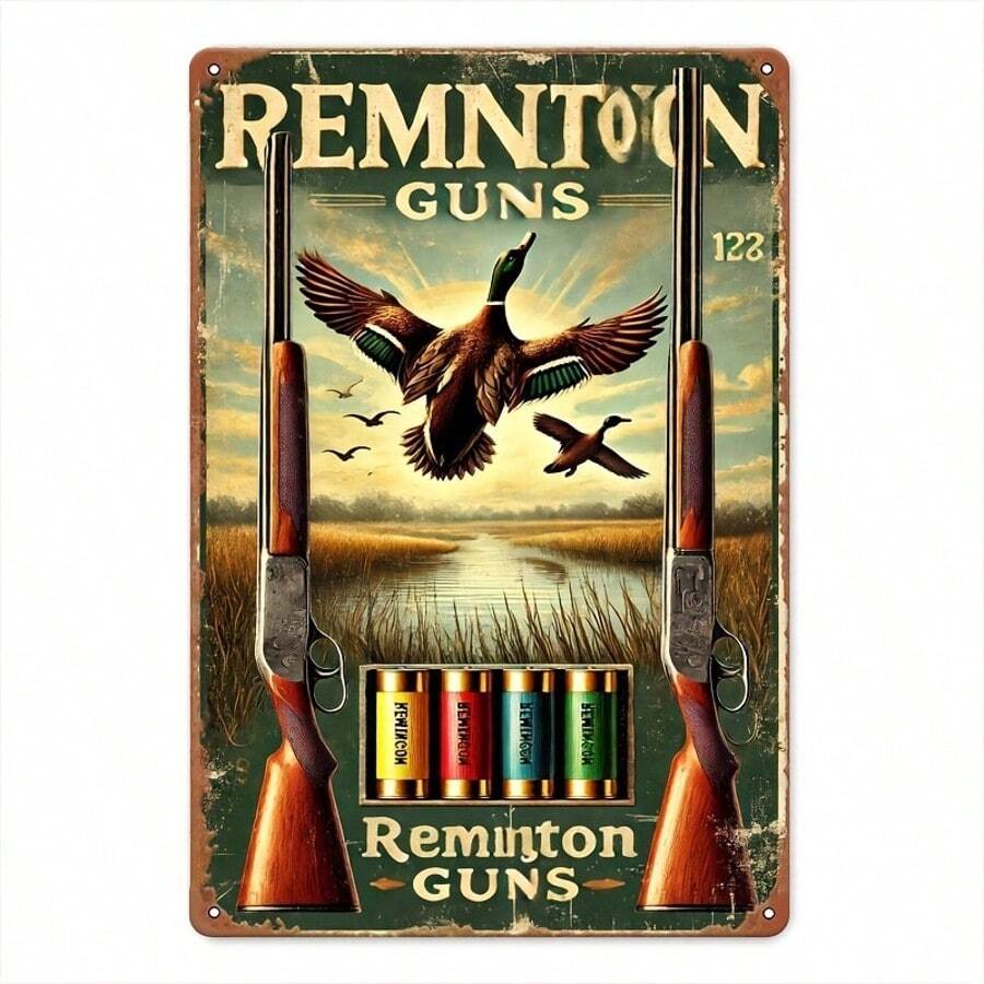 [20 x 30 cm Vintage Metallschild] Raumdekoration Vintage Remington Guns Metallschild, Wandkunst zum Thema Entenjagd, Eisenkonstruktion, Retro-Werbe-Dekoration für Männerhöhle, Schlafzimmer, Büro, Hotel, Motel - 20 x 30 cm