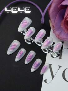 Y2K Elevate Your Style With 10pcs Almond Handmade Elegant Mermaid Romantic Light Purple Boho Full Cover Fake Nails Set Korea Style Gradient Purple Vanity 3d Three-Dimensional Decoration Shell Line Elegant Full Coverage Acrylic Press On Nails Kit For Women And Girls Daily & 1pc Mini Nail File & 1 Sheet Adhesive Tabs