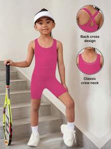 1pc Girls Magenta Yoga Exercise Gymnastics Sports Unitard Shorts, Elastic Tight Comfortable Leggings