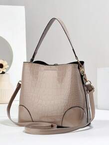 女式大容量压花水桶包，带 3 个口袋，简约休闲单肩包和斜挎包，时尚斜挎包