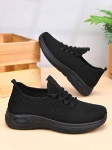 Women's Breathable Casual Shoes, Non-Slip Soft Sole, Comfortable Black Work Shoes, Flat Knitted Solid Round Toe Sports Sneakers, Suitable For All Seasons