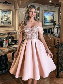 Elegant Off-Shoulder Sequined A-Line Dress, Flattering Silhouette For Weddings, Garden Parties, Proms & Evening Events, Party Dress, Wedding Guest Cocktail Dress