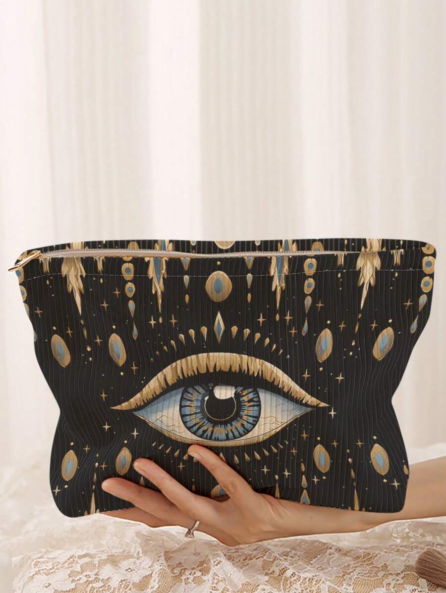 随机图案灯芯绒化妆包，轻便旅行拉链化妆包，男女通用洗漱用品收纳包礼物学校用品旅行必需品化妆包节日必需品化妆包化妆包化妆袋化妆收纳包节日冬季豹纹腊肠犬女士礼物 - 彩色 - 查看 1