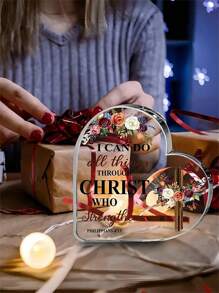 1pc Christian Plaque, Inspirational Acrylic Card Gift For Women, I Can Do All Things Through Christ Who Strengthens Me, Acrylic Heart Shaped Card For Friends, Home Office Decor Inspiration, Room Decor, Aesthetic Room Decor, Bedroom Decor