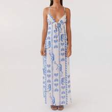 Women Summer Spaghetti Strap Dress Sleeveless Deep V Neck Cutout Slit Maxi Dress Tie-Up Front Backless Long Dresses Casual Beach Party Maxi Dresses - 藍色 - 查看 2