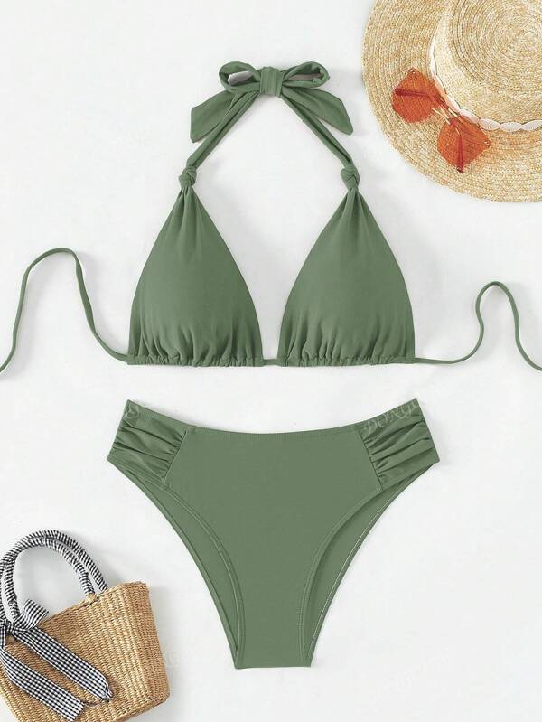 Solid Color Lace-Up Tankini Bikini Set Set