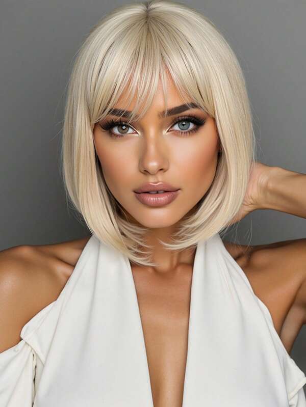 12 Inch Short Straight Hair Wig For Women, White Gold Synthetic Heat-Resistant Wig With Bangs Bob Wigs Daily Use And Christmas