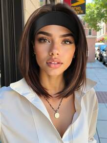 TOPSHE 12-Inch  Headband Wigs For Women Straight Hair Wigs Black Brown Wig With Headband Synthetic Long Curly Wigs