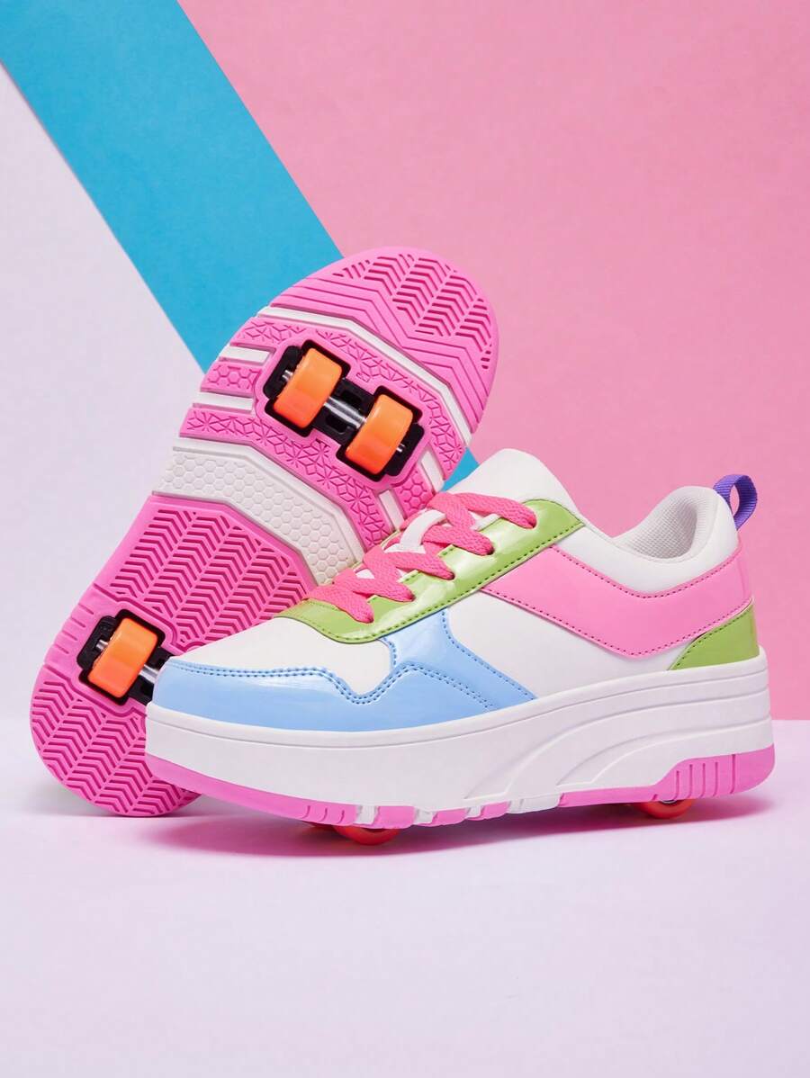 2025 New Kids Roller Skate Shoes, Thick Sole Round Toe Lace-Up Sport Sneakers, Unisex Style, Removable Double Wheels - Hot Pink - View 1