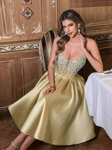 Faeriesty Strapless Beaded Dress With Fitted Bodice & Flared Knee-Length, Spring/Summer Weddings, Galas, Prom, Upscale Dinners, Party Dress, Wedding Guest Cocktail Dress