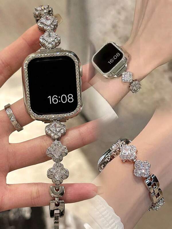 1pc Compatible With Apple Watch Strap Women Silver Bracelet, Apple WatchBand Using Diamond Flower Design, Set Auger Metal Strap, Compatible With Apple Watch 38/40/41/42/44/45/46/49 Mm, Compatible With Apple Watch Strap Series Ultra/SE10 9/8/7/6/5/4/3/2/1, Stylish Elegance,Suitable For Daily, Leisure, Business