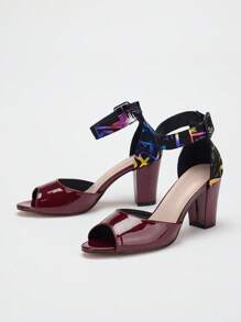 Women's Chunky Heel Round Toe Glossy Multi-Color Patent Leather Peep-Toe Slingback High Heel Pumps - Burgundy - View 3