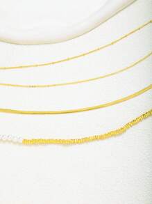 Set de 3 collares multicapa de imitación de perlas, diseño de cadena tipo hueso de serpiente, accesorios de estilo simple y elegante color dorado para mujer, para uso diario y como regalo