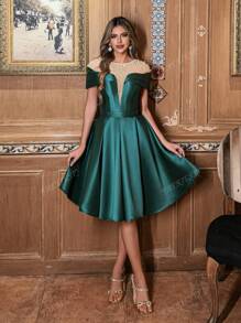 Faeriesty Vestido de malla y satén midi con adornos de perlas falsas para fiestas y eventos de cóctel, elegante atuendo formal de noche, vestido de invitada de boda
