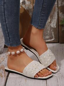 Women Plus Size Flat Sandals, Vacation Style, Casual Versatile Outdoor Rhinestone Decorated Slip-On Slippers