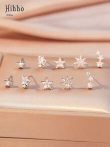 Hihho 10pcs/Set New Fashionable Classic Flower, Star, Meteor Stud Earrings Set With Shiny Zirconia Stones, Simple Design Women Earrings For Daily Wear, Holidays And Gifts (White Gift Box) - Silver - View 3