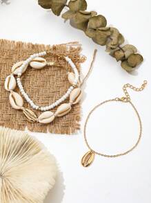 Set de 3 Tobilleras estilo bohemio con tejido de conchas, abalorios y cuentas, joyería para los pies de verano y playa para mujeres