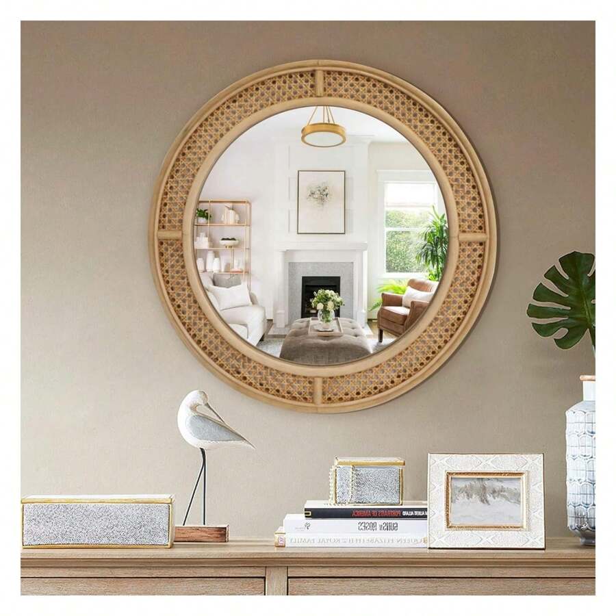 Round Rattan Wall Mirror With Wooden Framed, Modern Boho Drative Mirror For Bathroom, Entry, Living Room, Bedroom, 24 Inch - 彩色 - 查看 1