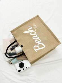 Beach Letter Theme Yellow Linen Handbag, Plus A Small Bag With A Hand Rope And A Bow Hat, Bridesmaid Personalized Wedding Gift Bag, Travel Storage Bag, Cosmetic Storage Bag, Coin Purse, Direct Storage Bag, Beach Bag, Sunscreen Beach Hat New Travel Sunshade Wave Hat Handmade Diy Sun Hat, Is A Gift For Mom, Valentine'S Day Gift, Very Suitable For Traveling To The Seaside., Beach Essentials, Summer Women Bag,Perfect For Travel, Vacation, Holiday & Beach - Khaki - View 3