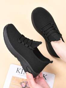 Women's Breathable Casual Shoes, Non-Slip Soft Sole, Comfortable Black Work Shoes, Flat Knitted Solid Round Toe Sports Sneakers, Suitable For All Seasons