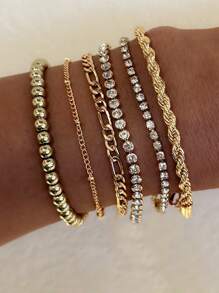 6pcs/Set Charm Crystal & Pearl Layered Gold Bracelet Set For Women, Fashionable Jewelry Suitable For Daily, Party, Commuting Occasions - Yellow Gold - View 1