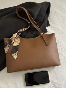 Fashionable And Simple Solid Color Letter Printed Shoulder Tote Bag With Scarf, Suitable For Shopping, Wallets, Shopping, Young Women, College Students, Newcomers, White-Collar Workers. They Are Very Suitable For Offices, Universities, Work, Business, Commuting, Outdoor Activities, Travel, And Outings
