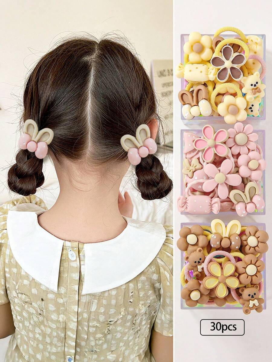 30pcs/Set Girls Butterfly, Cherry Blossom, Daisy, Teddy Bear Elastic Hair Ties, Cute Hair Accessories, Gentle On Hair, Suitable For Daily Use - Multicolor - View 1
