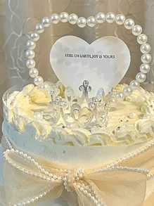 1pc Pearl Bow Cake Decoration Set Pearl Chain Cake Decoration Pink Ribbon Bow Artificial Bulk Used For Wedding Bridal Gift Party Birthday Party Decoration Supplies