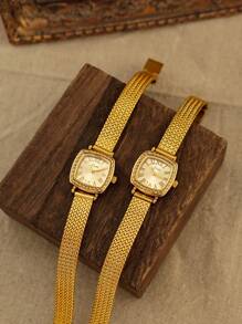 1 pieza Nuevo reloj de cuarzo de lujo y estilo retro para mujer, correa trenzada de acero inoxidable, esfera rectangular grabada con números romanos, adecuado para uso diario, diseño minimalista, elegante y artístico, excelente regalo para cumpleaños o San Valentín