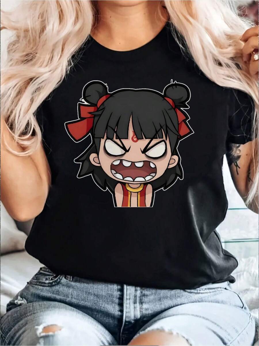 Women'S Casual Crew Neck T-Shirt With Chinese Mythology Nezha & Dragon King Print, Polyester Knit Fabric, All-Season Short Sleeve Top, 180gsm - Ladies Fashion Apparel